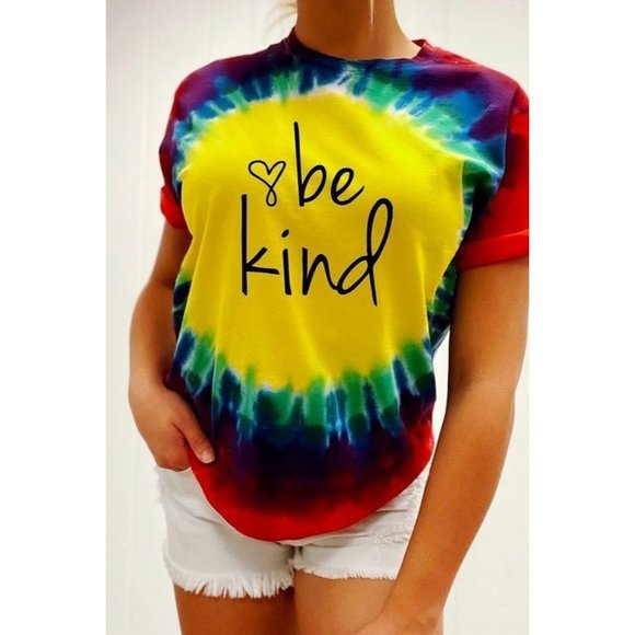 Ocean & 7th Tie Dye Be Kind Graphic Tee Yellow Blue Size Small NWT - Picture 1 of 1